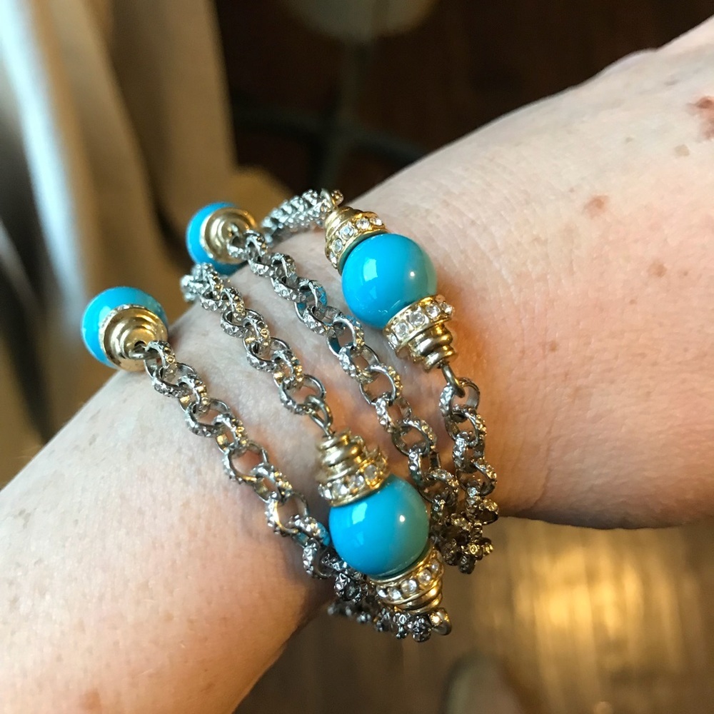 Turquoise, Rhinestone, Gold & Silver Bracelet